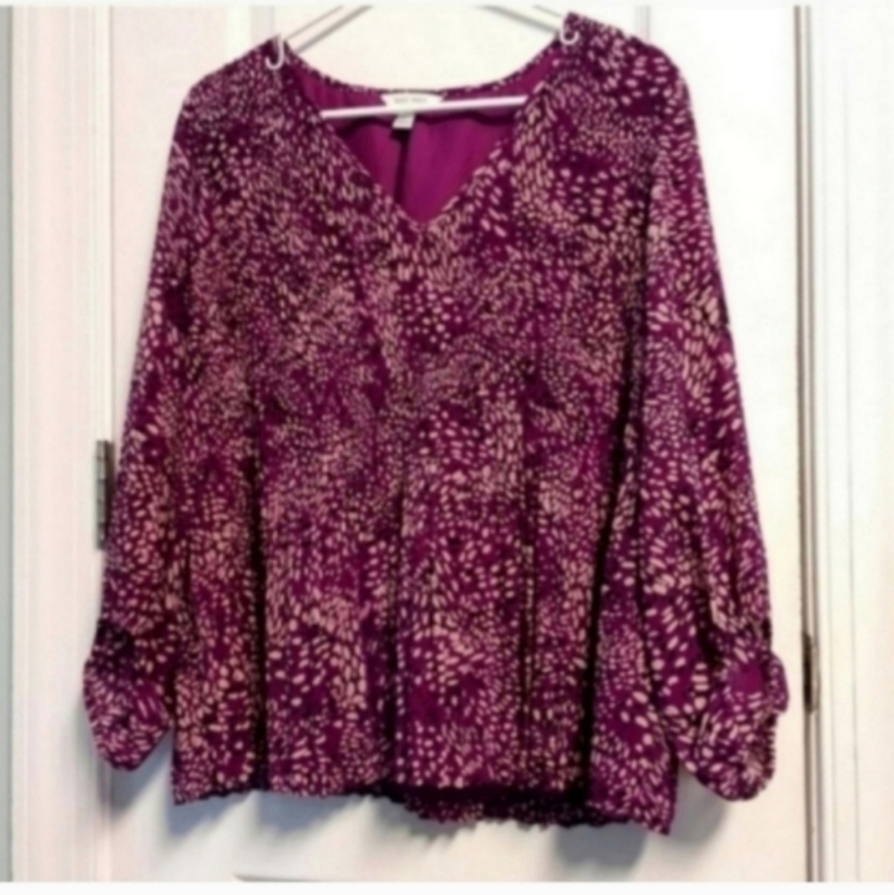 Nine West Purple & White Women's Top L Geometric Gathered At Wrist Dressy Boho